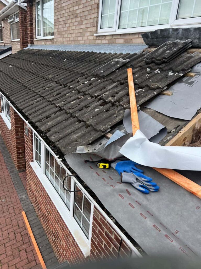 This is a photo of a pitched roof which is being repaired. The existing roof was leaking badly. Works carried out by Ollerton Roofing Repairs